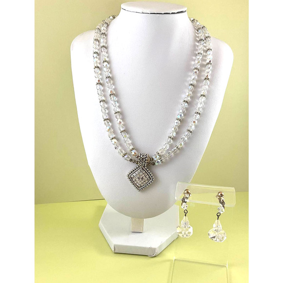 Midcentury Cocktail Party AB Crystal Bead Necklace/Pendant & Clip-on Earrings - Picture 7 of 8